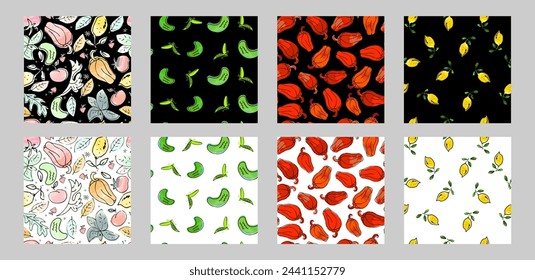 Vegetables and fruits seamless patterns set. Patterns collection.Vegan theme. Hand drawn vector sketch. Textile, paper, wrapping, etc.