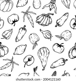 Vegetables and fruits seamless vector pattern. Hand drawn doodle on a white background. Contour of carrots, bell peppers, pumpkin, apple, corn, pear, lemon. Food sketch. Line art, monochrome.