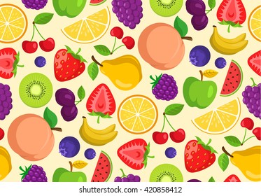Vegetables and fruits. Seamless vector pattern. Bright summer seasonal background.