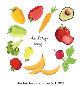 Vegetables and fruits set composition. Healthy vegetarian food collection isolated on white. Vector illustration. Pepper, apple, avocado, broccoli, carrot, pear, bananas and more.