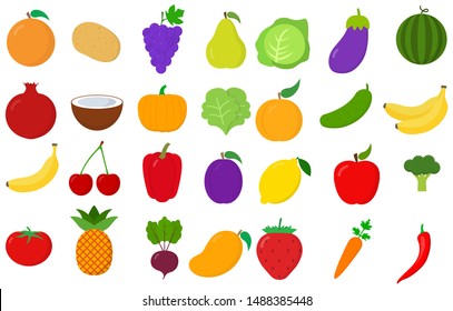 Verduras y frutas de iconos planos, logotipo aislado en fondo blanco