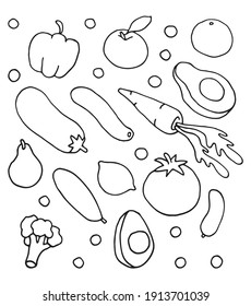 Vegetables and fruits set. Hand drawing in Doodle style. Illustration for postcards, posters, banners, textile prints, covers, web designs. Healthy eating. Vegetarianism. Vector EPS 10