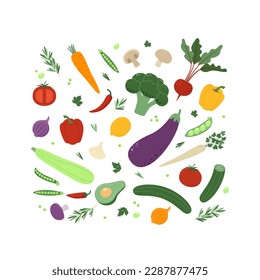 Vegetables and fruits, set of healthy vegetarian or vegan food. Hand drawn vector illustration, trendy minimalist style