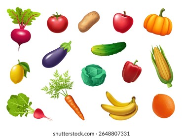 Vegetais e frutas. Ilustração em 3d vetorial isolada sobre fundo branco.