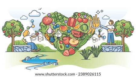 Vegetables and fruits in shape of heart as healthy diet outline concept. Cardiovascular health eating habits with fresh, organic and wholesome choice vector illustration. Variety of bio products.