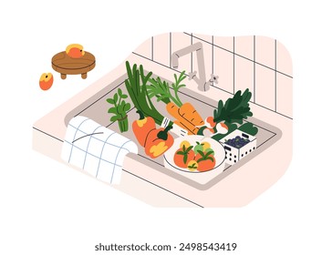 Vegetables, fruits in sink, kitchen basin. Veggies prepared for washing and cleaning under faucet. Fresh natural healthy food, cooking hygiene. Flat vector illustration isolated on white background