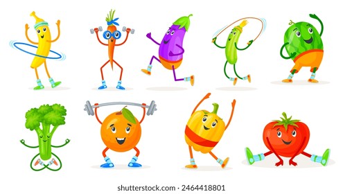 Vegetables fruits sport characters. Cartoon fruit yoga pose and vegetable fitness exercise, healthy food kid character mascot fit workout, vector illustration of character funny, kawaii illustration