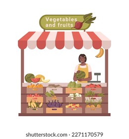 Vegetables and fruits street stall selling fresh farm products. Woman seller and assortment of berries, apples and veggies. Flat cartoon, vector illustration