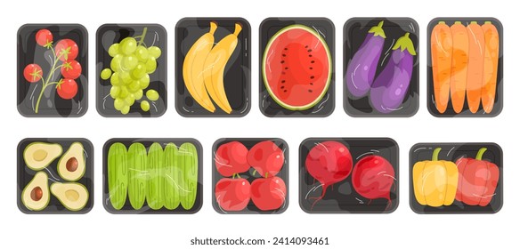 Verduras y frutas en bandejas de supermercados con envoltura clara. Película transparente sobre estuche de poliestireno con productos alimenticios, paquete con cerezo de tomate y aguacate, ilustración vectorial de pepino y manzana