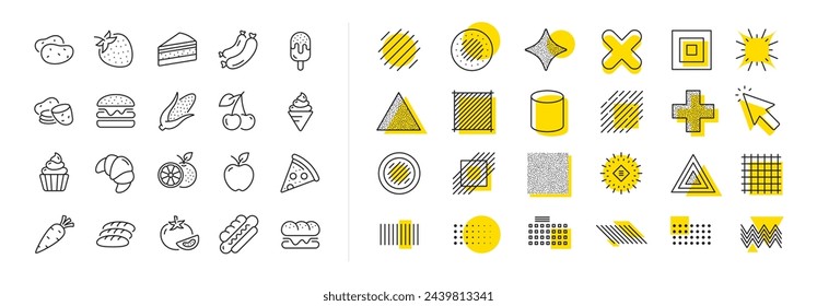 Vegetables, Fruits and Sweet Desserts icons. Design shape elements. Food line icons. Potato slices, corn and fresh carrot. Strawberry, Apple and Orange. Cake, Ice cream and Cupcake icon. Vector