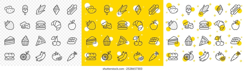 Iconos de verduras, frutas y postres dulces. Iconos de línea de comida. Rodajas de patata, maíz y zanahoria fresca. Fresa, Manzana y Naranja. Icono de pastel, helado y cupcake. Pizza, hamburguesa y perrito caliente. Vector