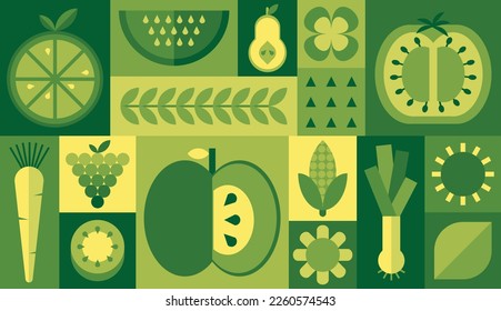 Vegetables and fruits vector artwork banner design - healthy vegan food illustration in green color palette 