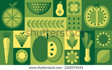 Vegetables and fruits vector artwork banner design - healthy vegan food illustration in green color palette 