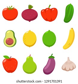 Vegetables and fruits vector cartoon flat icons set isolated on a white background.