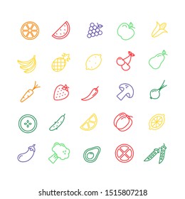 Vegetables and fruits vector icons isolated on white background. Healthu food outline icons. Colorful signs. 