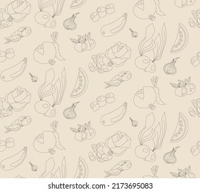 Vegetables and fruits vector illustration background. Linear graphic. Healthy food seamless pattern.