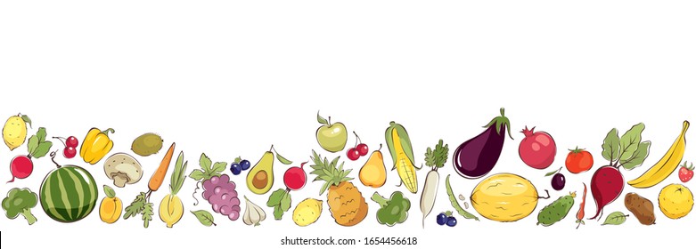 Vegetables and fruits. Vector illustrations, narrow horizontal banner about healthy food