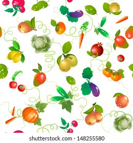 Vegetables and fruits vector pattern, trimmed at the edges