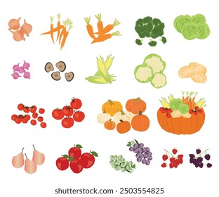 Vectores de verduras y frutas, ilustración como cebolla, cebolla roja, zanahoria, tomate, calabaza, papa, repollo, coliflor, brócoli, champiñones, maíz, manzana, uvas, frambuesa, pera.