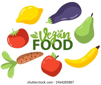 Vegetables and fruits vegan food. Creative colorful flat design illustrations and concepts for web banners, printed materials, web sites, infographics. Fresh cartoon organic fruits isolated on white