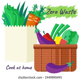 Vegetables and fruits vegan food. Fresh cartoon organic fruits in box and basket isolated on white