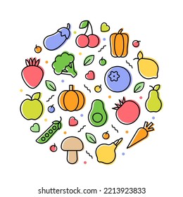 Vegetables and fruits vegetarian concept. A set of linear healthy food icons. Vector illustration isolated on a white background.