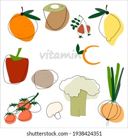 vegetables and fruits with vitamin C on a white background. set of elements