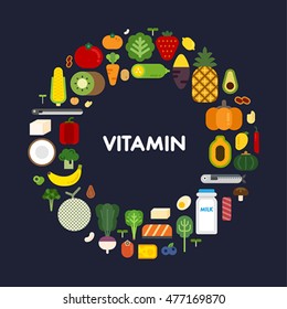 Vegetables, fruits vitamins flat vector illustration design icon