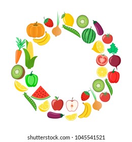 Vegetables and fruits. Watermelon, pumpkin, carrot, tomato, apple, onion, eggplant, banana, strawberry, beet, pepper, corn, peas, kiwi, lemon Vector illustration