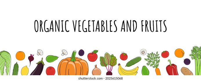 Vegetables and fruits wide frame. Organic market banner and healthy food template. Concept of fresh farm products. Copy space. Hand drawn vector illustration.