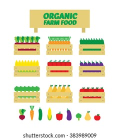 vegetables and fruits in wooden crates boxes. organic farm food illustration.harvest beet carrot cucumber corn pepper eggplant broccoli pear apple isolated on white background