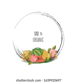 Vegetables and fruits wreath hand drawn in vector. Easy to use for Organic product labels.
