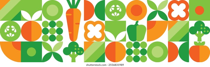 Vegetables and fruits.Abstract geometric seamless pattern.Carrot, apple, pepper, tomato, peas.Organic food.Set of simple icons in flat style.Elements isolated on white background.Vector illustration.