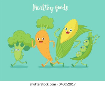 Vegetables fun run. Funny cartoon character. Vector illustration. Isolated on white background. Set.