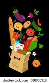 Vegetables, funny food, supermarket shopping bag with fresh and natural funny food and drink. Vector illustration. Use in the menu, in the shop, in the bar, the card or stickers. 