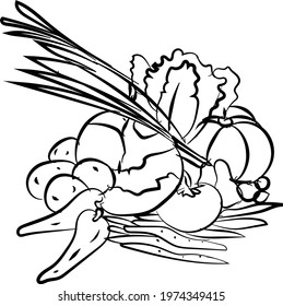 Vegetables,  garden fresh, fresh tomato, carrot, cabbage, beans, pumpkin. Editable strokes. Flat design vector illustration symbol concept. line art in doodle style. 