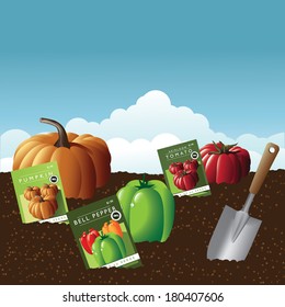 Vegetables in the garden with seed packets EPS 10 vector, grouped for easy editing. No open shapes or paths.