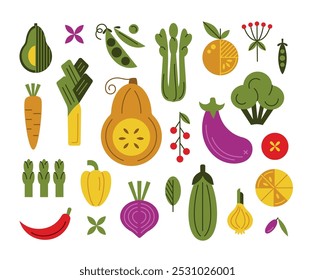 Vegetables geometrical colorful collection. Pumpkin, Tomato, Carrot, Onion, Radishes, Beetroot, Pepper, Garlic, Olives, Arugula, Celery, Sparrowgrass. Organic food. Farm Flat Vector Illustration