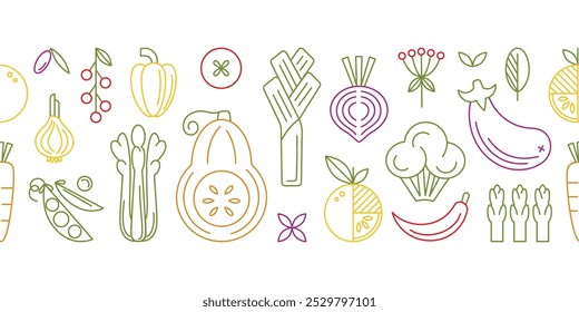 Vegetales geométricos de línea colorida sin patrón. Calabaza, Zanahoria, Cebolla, Remolacha, Pimienta, Rúcula, Brócoli, Sparrowgrass. Alimentos orgánicos. Ilustración vectorial plana de la granja