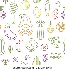 Vegetales geométricos de línea colorida sin patrón. Calabaza, Zanahoria, Cebolla, Remolacha, Pimienta, Rúcula, Brócoli, Sparrowgrass. Alimentos orgánicos. Ilustración vectorial plana de la granja