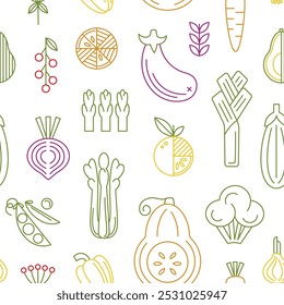 Vegetales geométricos de línea colorida sin patrón. Calabaza, Zanahoria, Cebolla, Remolacha, Pimienta, Rúcula, Brócoli, Sparrowgrass. Alimentos orgánicos. Ilustración vectorial plana de la granja