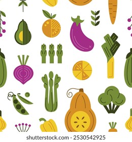 Verduras geométricas coloridas sin patrón. Calabaza, Zanahoria, Cebolla, Remolacha, Pimienta, Rúcula, Brócoli, Sparrowgrass. Alimentos orgánicos. Ilustración vectorial plana de la granja