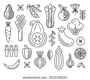 Colección de línea geométrica de verduras. Calabaza, Tomate, Zanahoria, Cebolla, Remolacha, Pimienta, Aceitunas, Arúgula, Brócoli, Guisantes, Apio, Sparrowgrass. Alimentos orgánicos. Ilustración vectorial plana de la granja