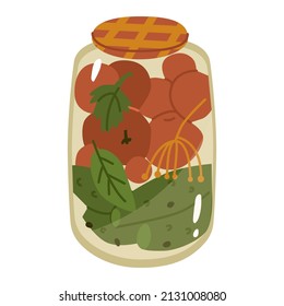 Vegetables in Glass jar. Pickled cucumbers and tomatoes. Home canning. Preparing food for the winter. Stocks in the closet. Flat style in vector illustration. Isolated element.