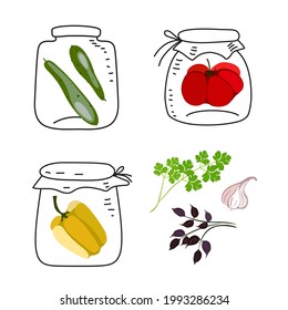 Vegetables in glass jars. Canning vegetables. Tomato, cucumber and bell pepper. Vector flat illustartion.