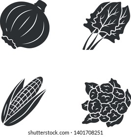 Vegetables glyph icon. Cauliflower, onion, corn, spinach. Vitamin and diet. Healthy nutrition. Salad ingredient. Silhouette symbol. Negative space. Vector isolated illustration