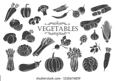 Vegetables glyph icons set. Decorative retro style collection farm vegan product restaurant menu, market label and shop.