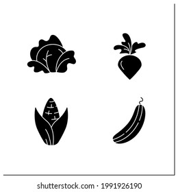 Los iconos de glifo de verduras están configurados. Planta comestible. Nutrición vegetariana saludable. Basura y maíz dulce, pepino y rábano. Concepto agrícola.Cartas planas rellenadas Isolación de ilustraciones vectoriales de silueta