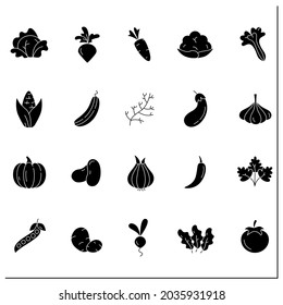 Vegetables glyph icons set. Edible plant. Vegetarian, healthy nutrition. health benefits. Agriculture concept. Filled flat sign. Isolated silhouette vector illustration