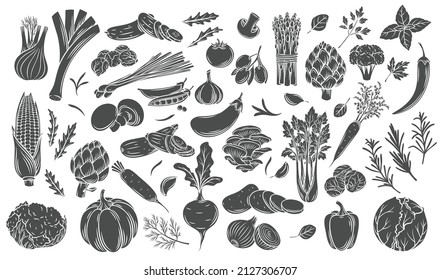 Vegetables glyph icons set. Monochrome artichoke, leek, culinary herbs, corn, garlic, cucumber, pepper, onion, celery, asparagus, cabbage and ets cut silhouette vector illustration.